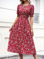 GXZ Red Floral Midi Dress – Timeless Elegance for Every Occasion
