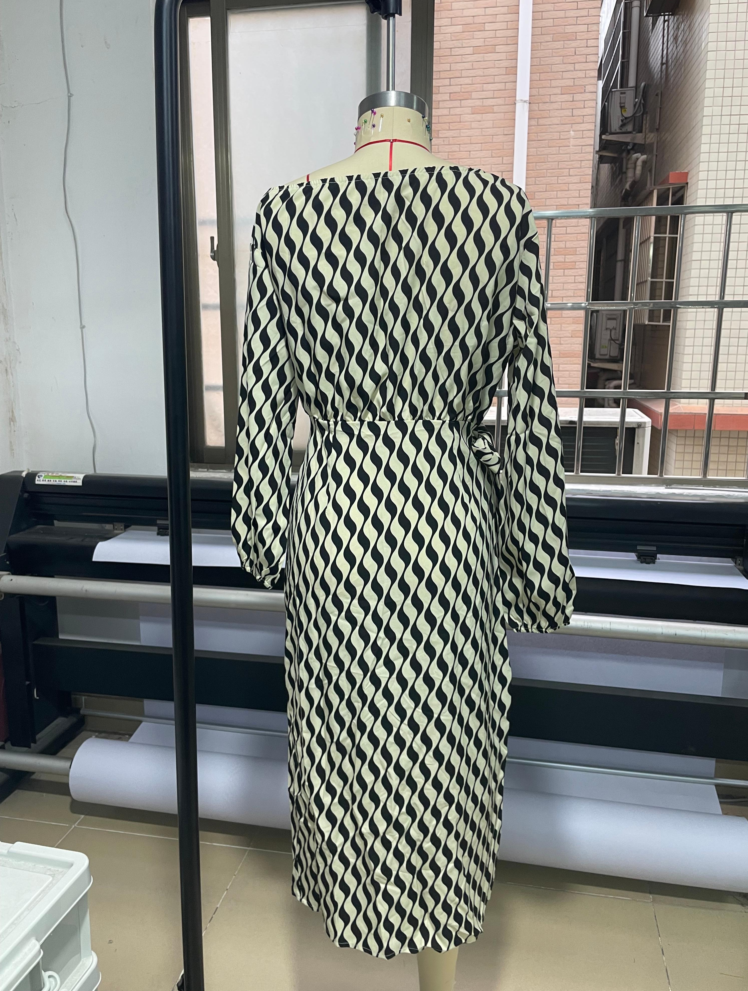 GXZ Black and White Off-Shoulder Geometric Wrap Dress