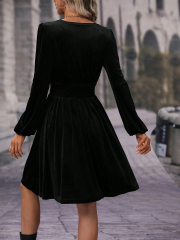 GXZ Women's Velvet Wrap Dress – Timeless Elegance in Burgundy