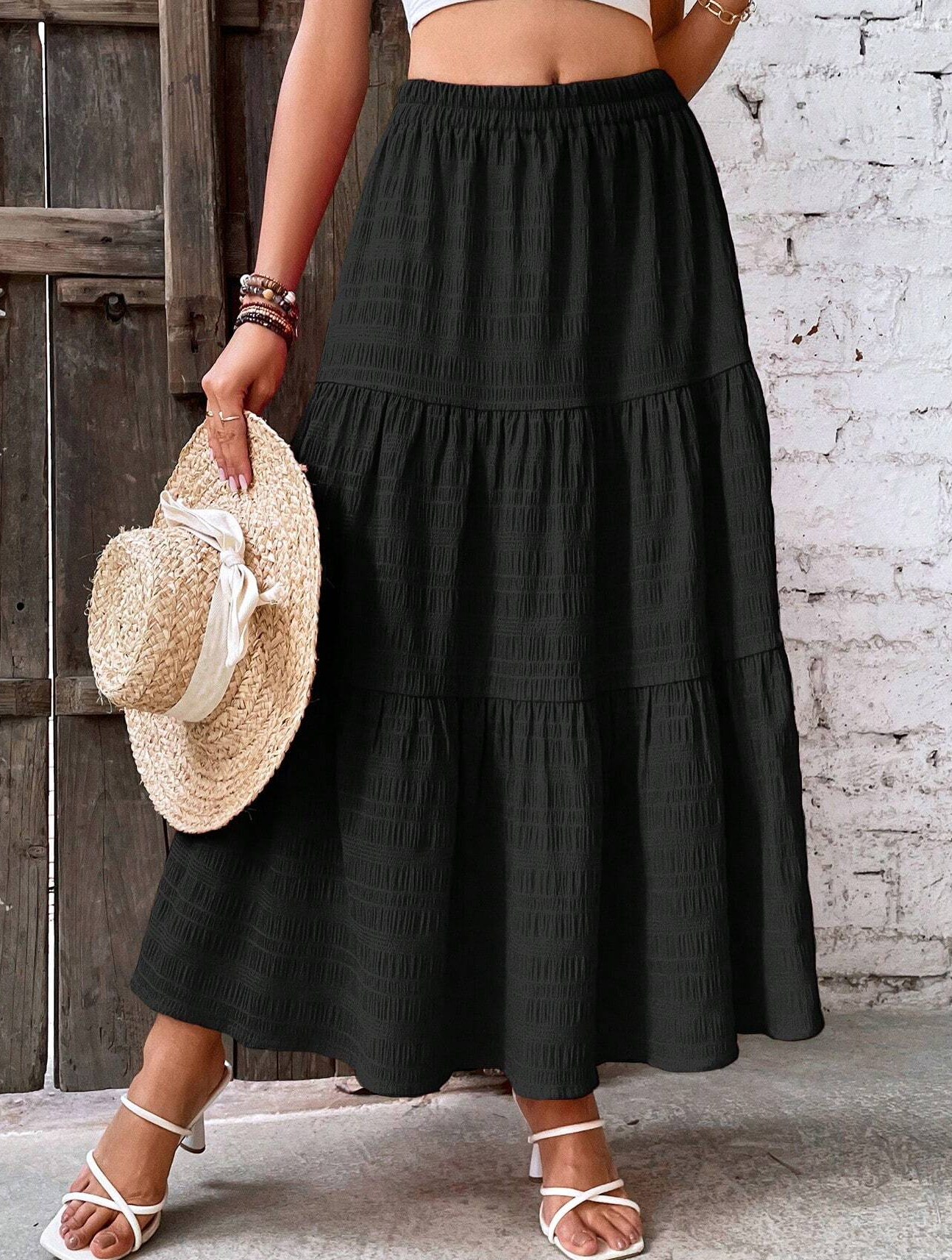 GXZ Women's Black Tiered Maxi Skirt – Effortlessly Elegant and Versatile