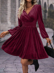 GXZ Women's Velvet Wrap Dress – Timeless Elegance in Burgundy