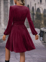 GXZ Women's Velvet Wrap Dress – Timeless Elegance in Burgundy
