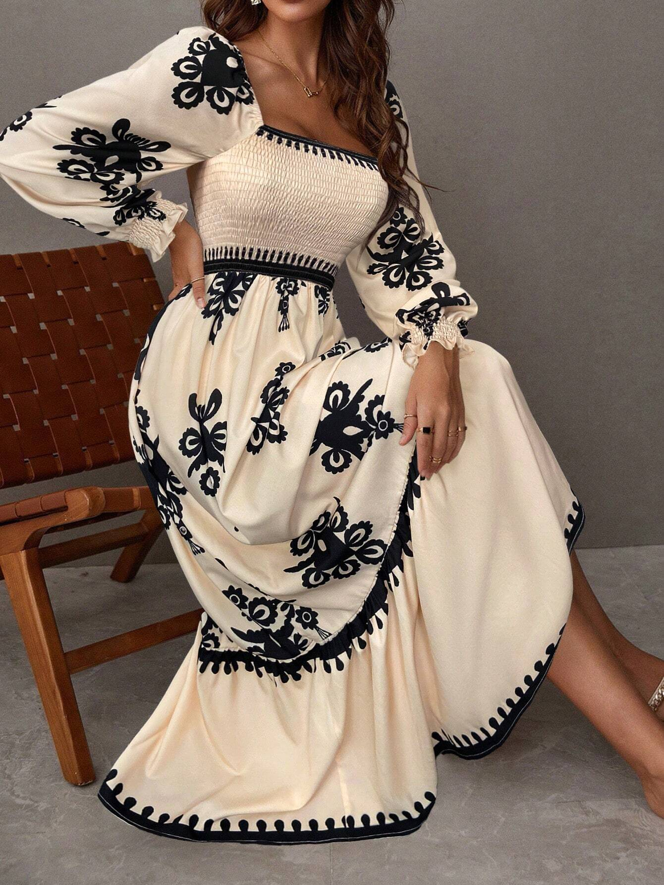 GXZ Women's Bohemian Embroidered Maxi Dress – Timeless Grace in Black & Cream
