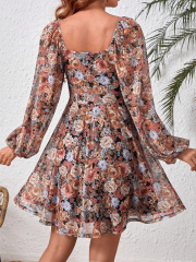 Embrace Romantic Elegance: GXZ Floral Puff Sleeve Chiffon Dress