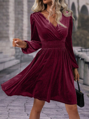 GXZ Women's Velvet Wrap Dress – Timeless Elegance in Burgundy
