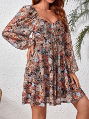 Embrace Romantic Elegance: GXZ Floral Puff Sleeve Chiffon Dress