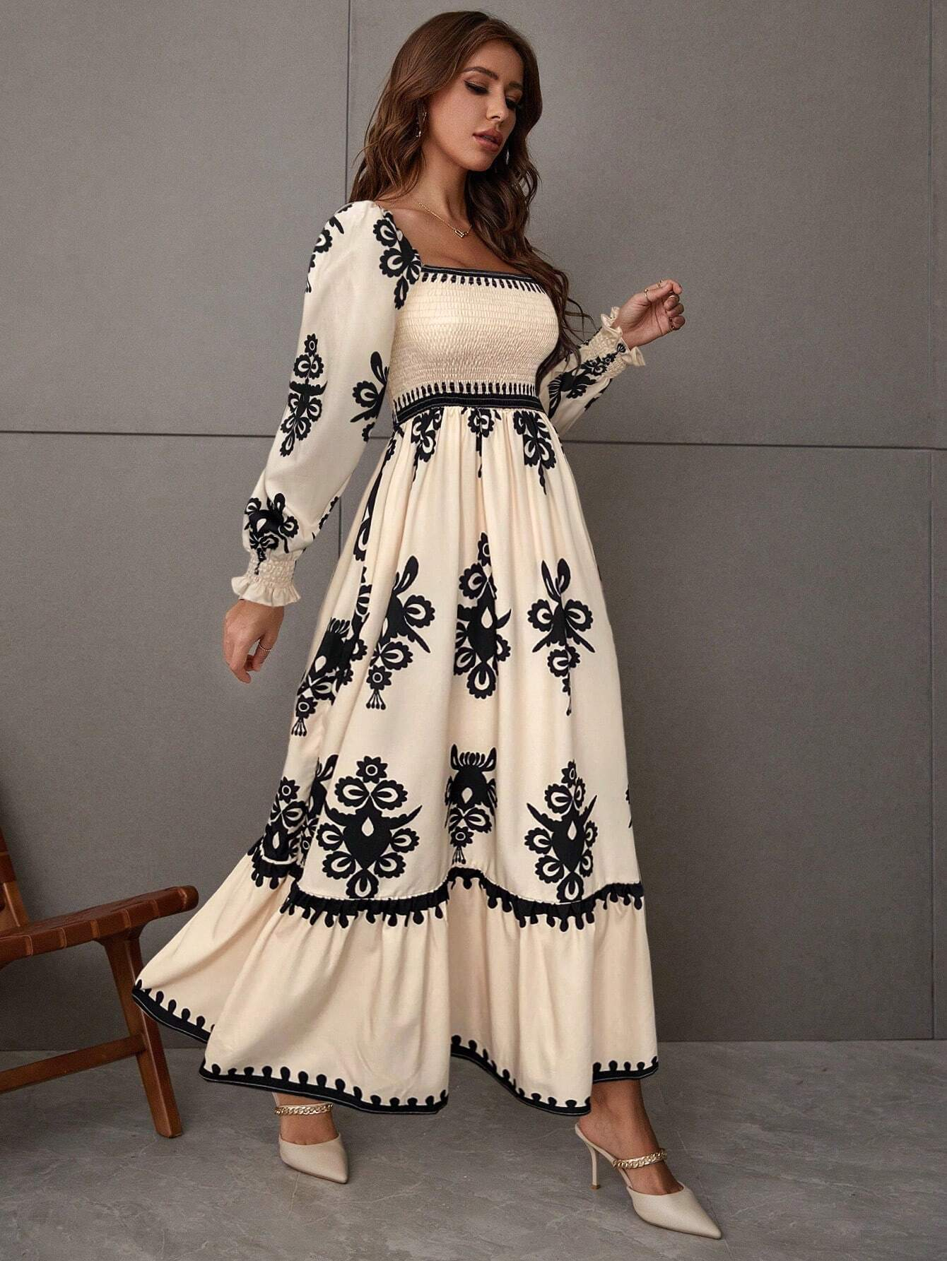 GXZ Women's Bohemian Embroidered Maxi Dress – Timeless Grace in Black & Cream
