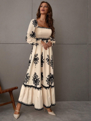 GXZ Women's Bohemian Embroidered Maxi Dress – Timeless Grace in Black & Cream