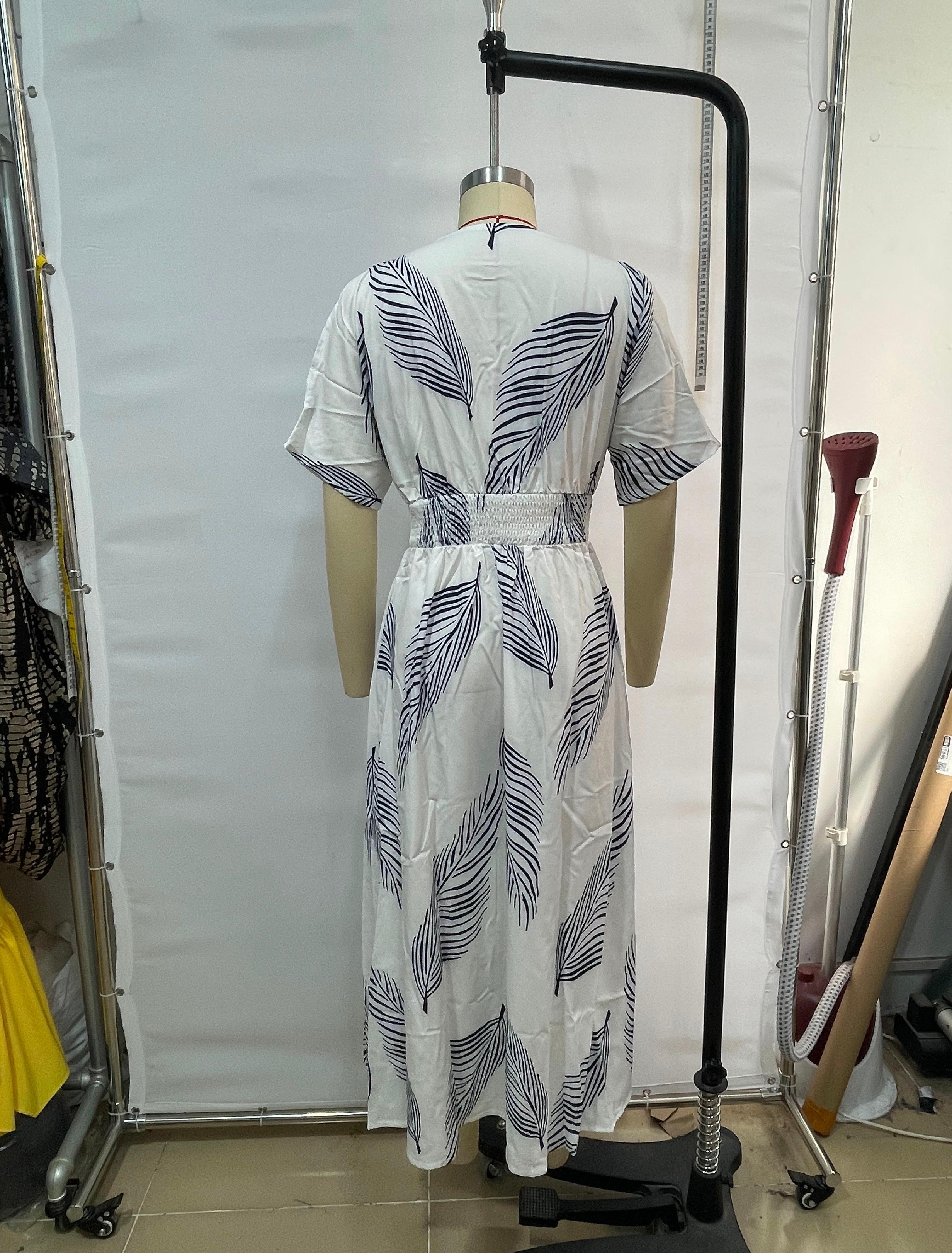 GXZ Women's Cold Shoulder Maxi Dress with Leaf Print