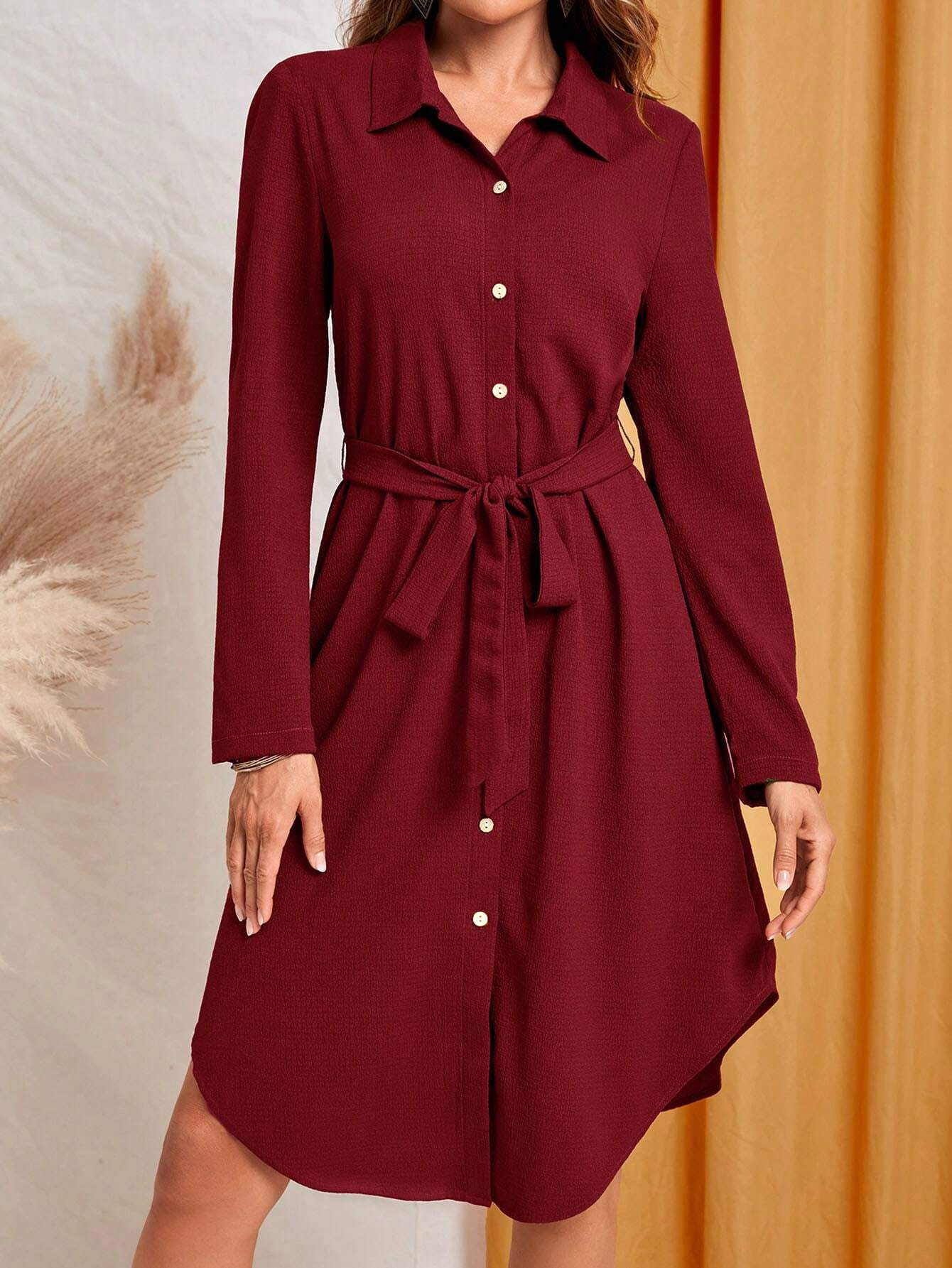 GXZ Women's Long Sleeve Belted Shirt Dress