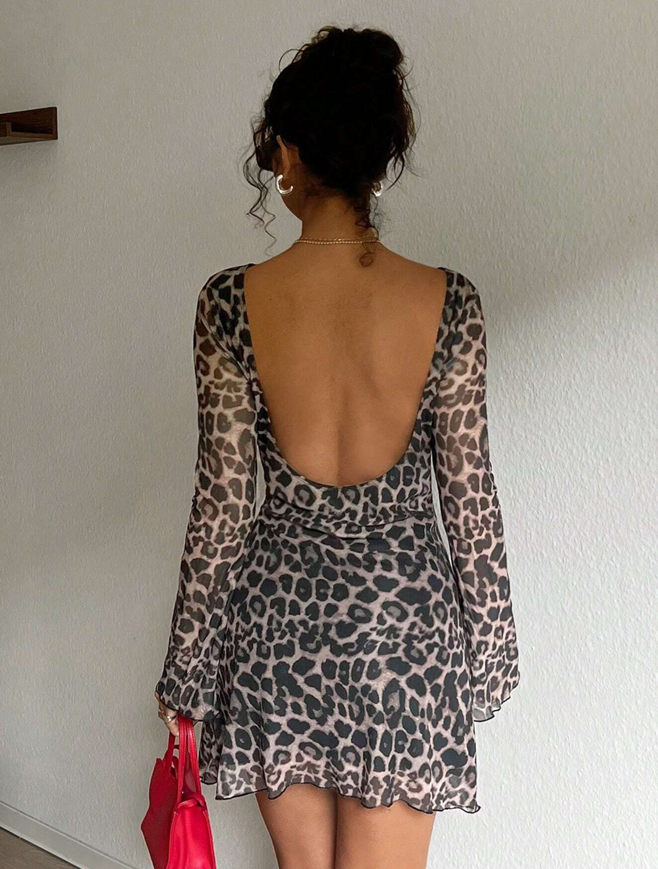 GXZ Women's Sheer Long Sleeve Leopard Print Mini Dress