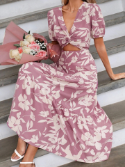 GXZ Women's Floral Cutout Maxi Dress with Puff Sleeves