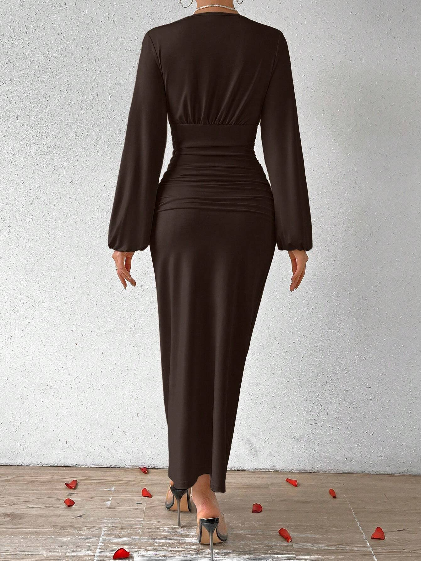 GXZ Women's Long Sleeve V-Neck Ruched Maxi Dress