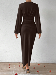 GXZ Women's Long Sleeve V-Neck Ruched Maxi Dress