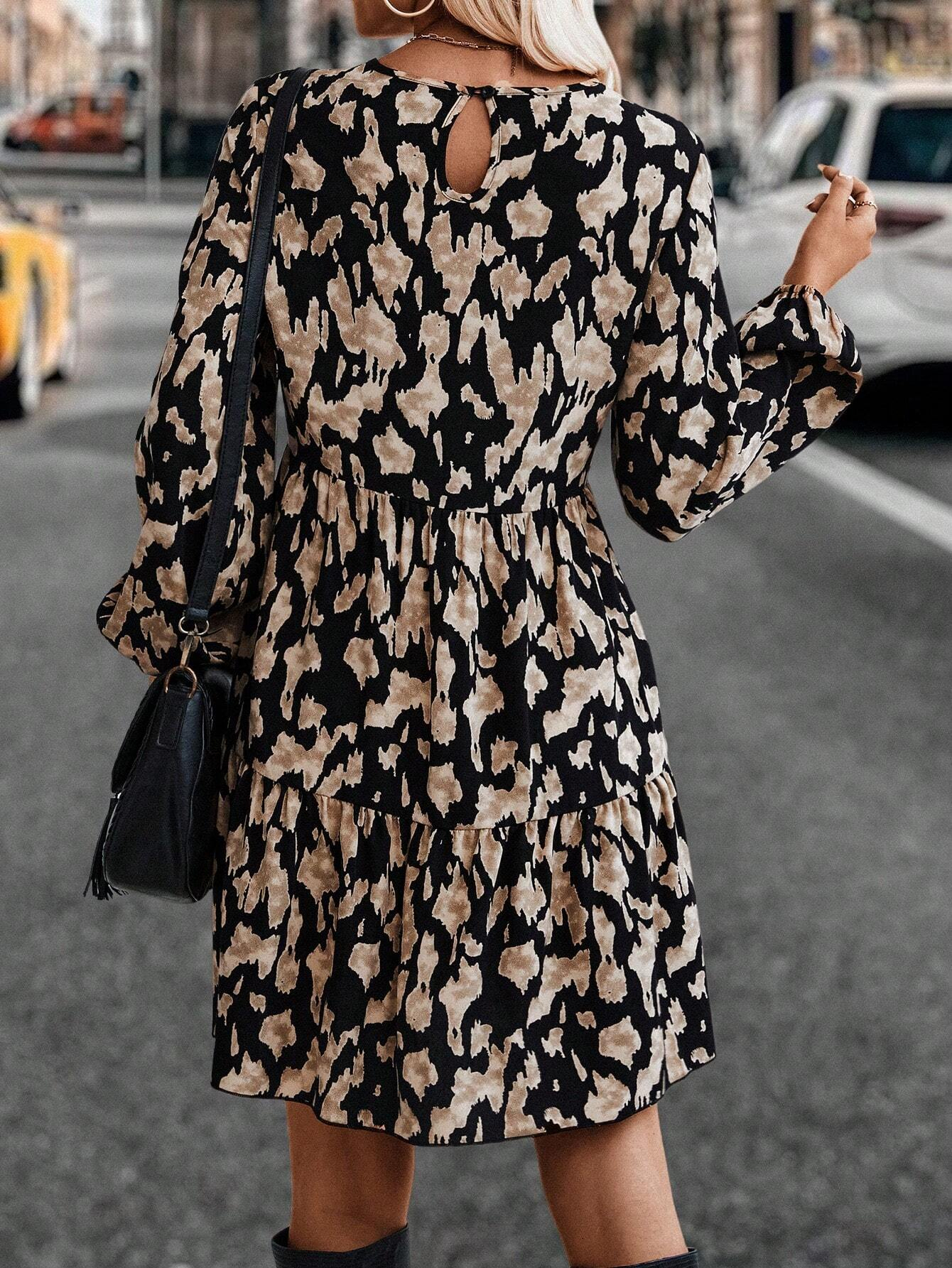 GXZ Women's Animal Print Long Sleeve Tiered Dress