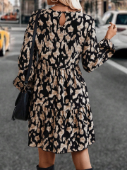 GXZ Women's Animal Print Long Sleeve Tiered Dress