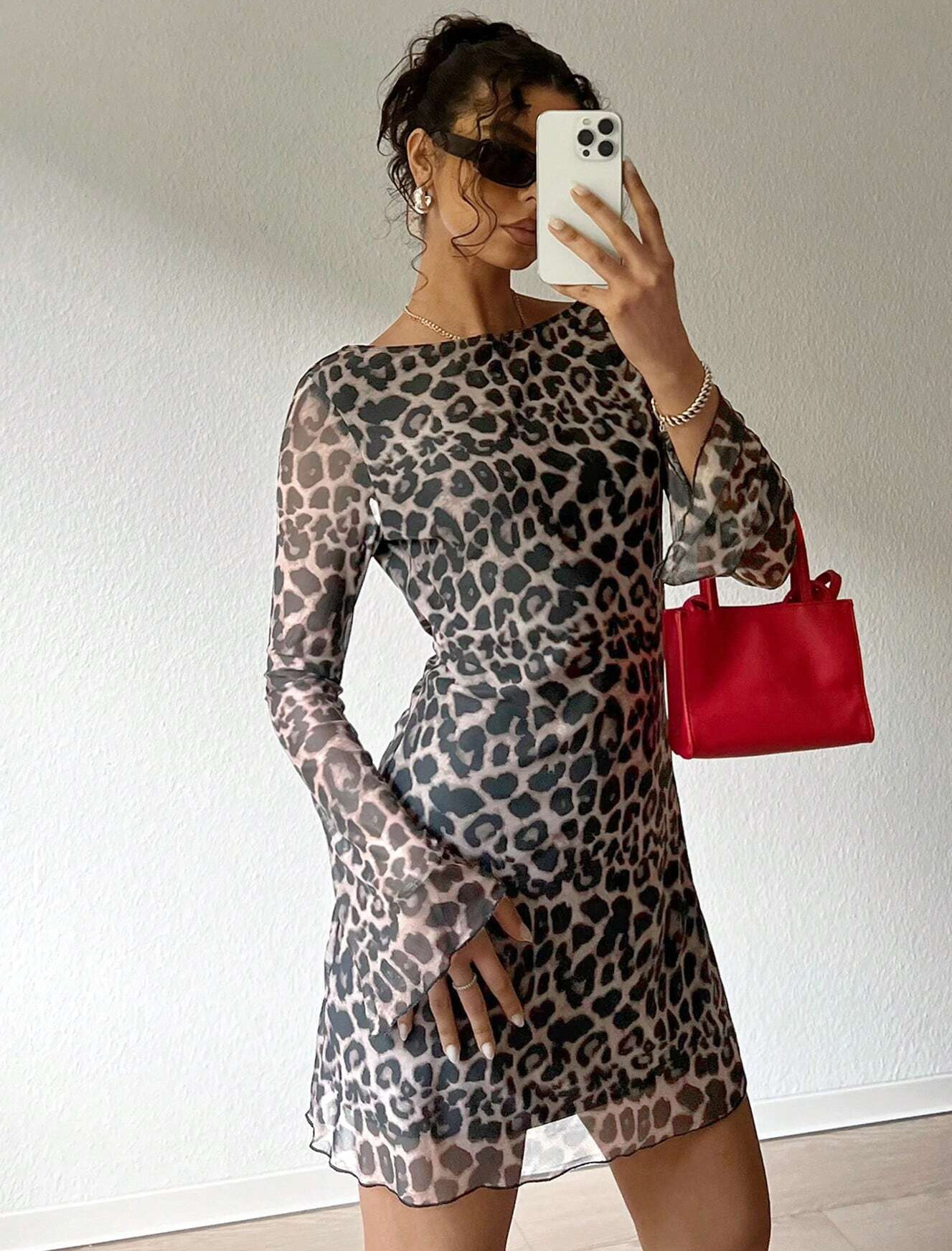 GXZ Women's Sheer Long Sleeve Leopard Print Mini Dress