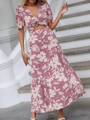 GXZ Women's Floral Cutout Maxi Dress with Puff Sleeves