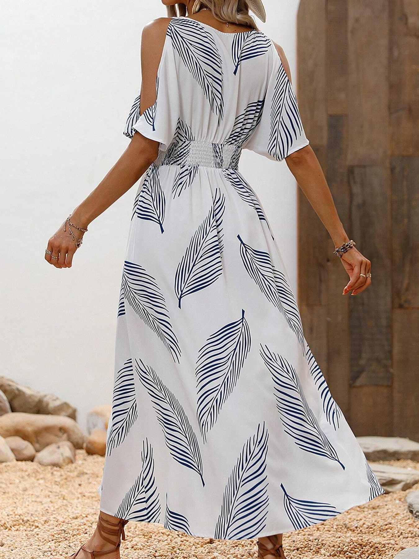 GXZ Women's Cold Shoulder Maxi Dress with Leaf Print