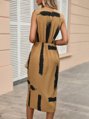 GXZ Women's Sleeveless Wrap Midi Dress with Artistic Print