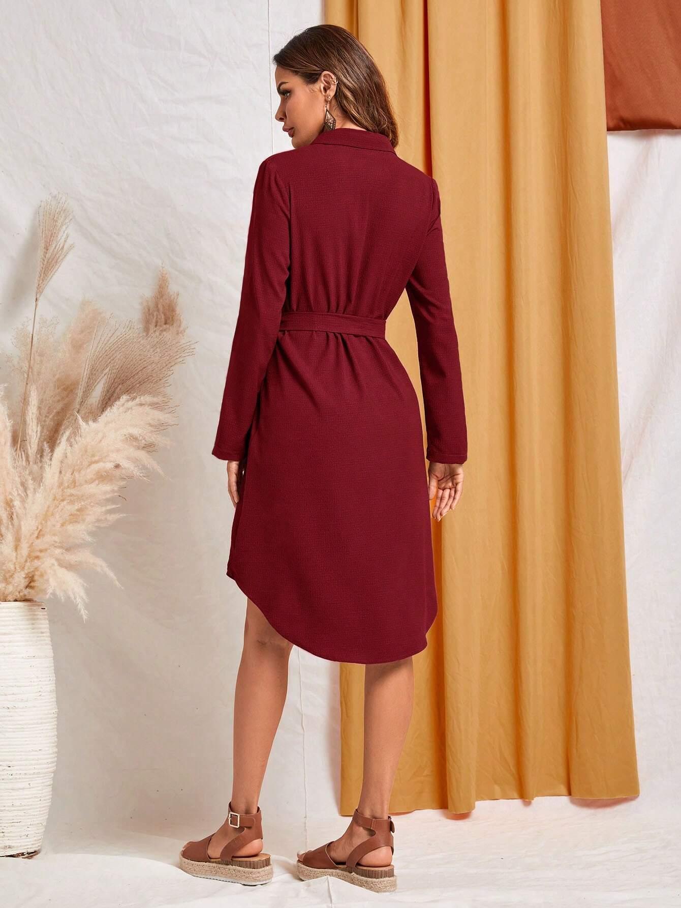 GXZ Women's Long Sleeve Belted Shirt Dress