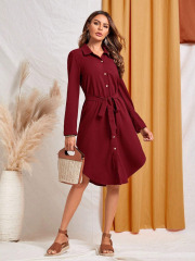 GXZ Women's Long Sleeve Belted Shirt Dress