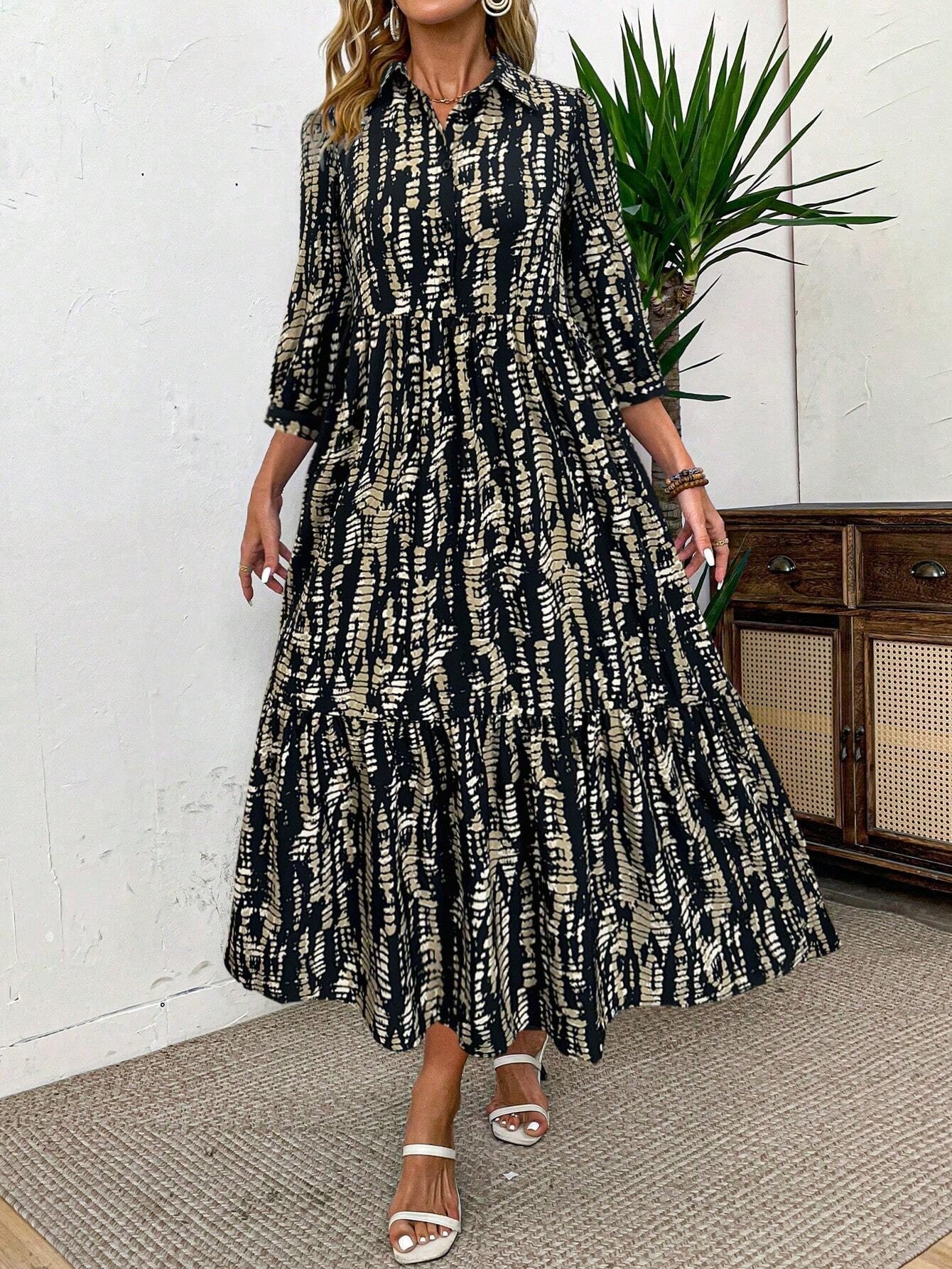 GXZ Patterned Maxi Dress with Collared Neck