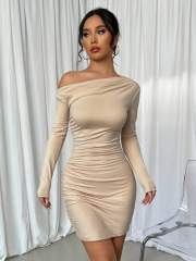 GXZ One-Shoulder Beige Ruched Mini Dress