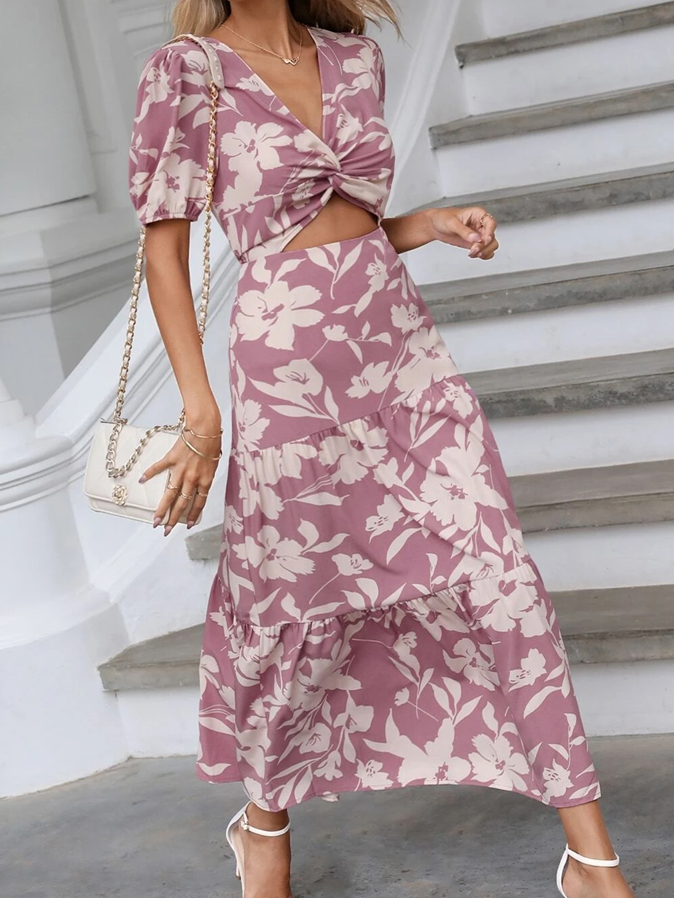GXZ Women's Floral Cutout Maxi Dress with Puff Sleeves