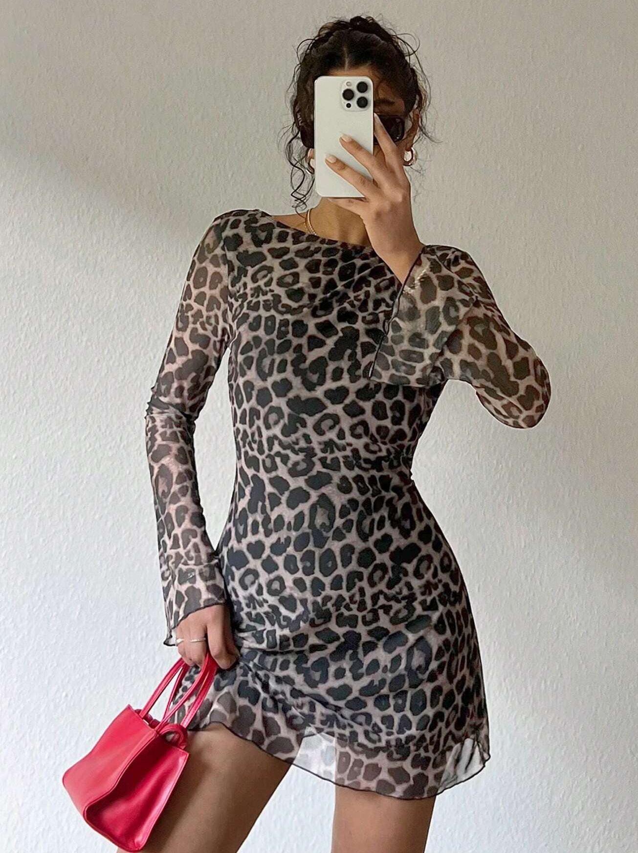 GXZ Women's Sheer Long Sleeve Leopard Print Mini Dress