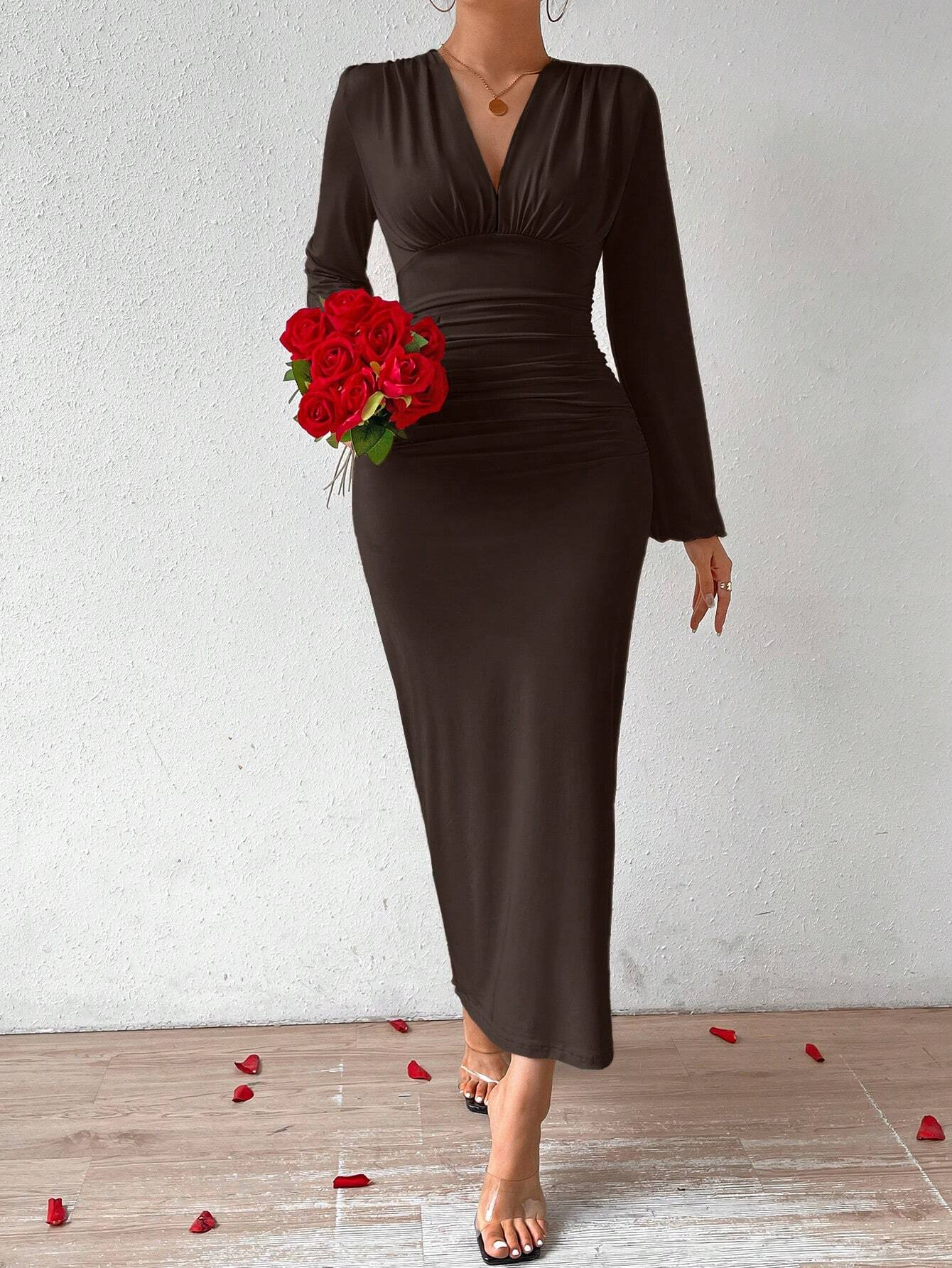 GXZ Women's Long Sleeve V-Neck Ruched Maxi Dress