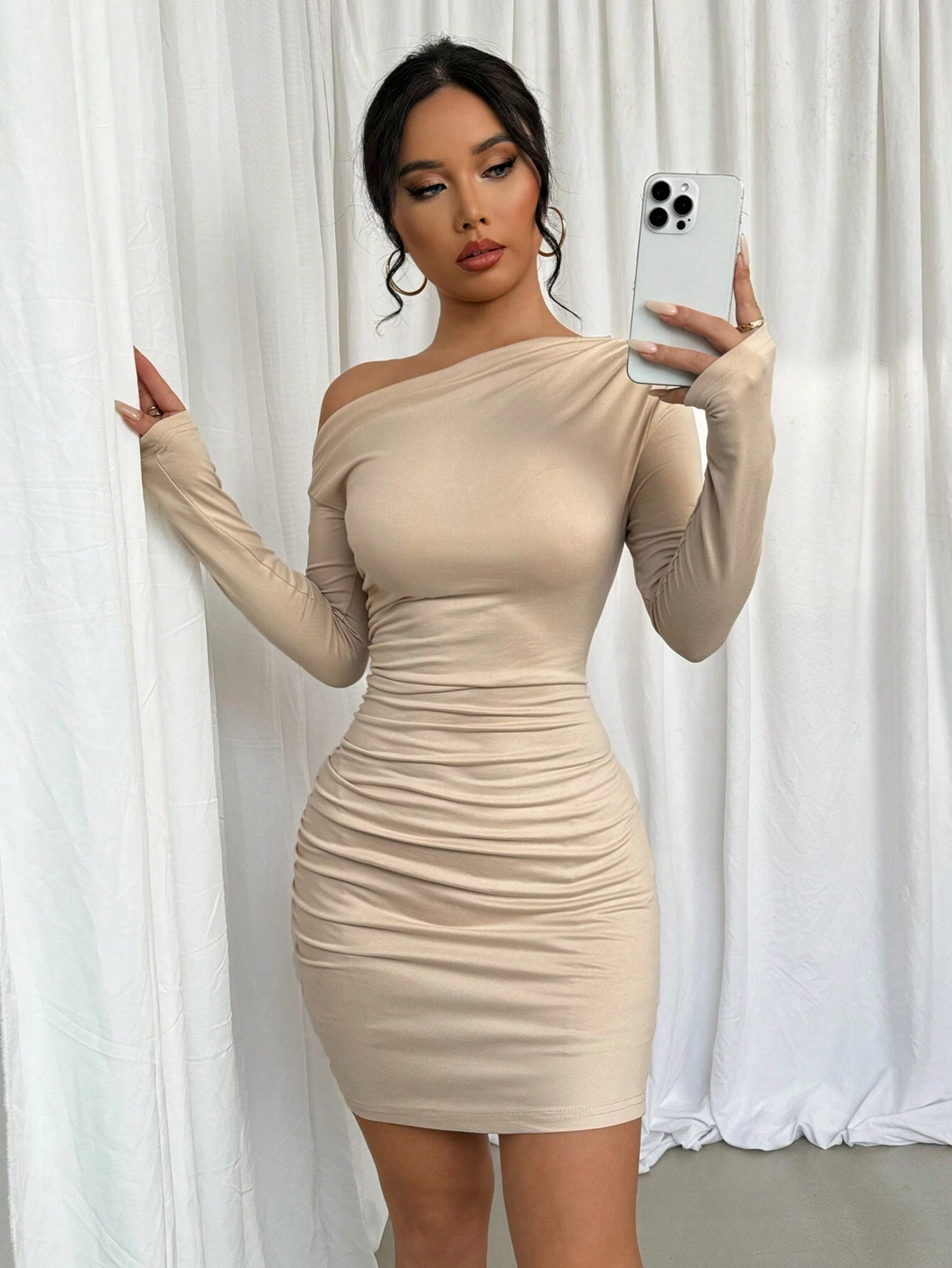 GXZ One-Shoulder Beige Ruched Mini Dress