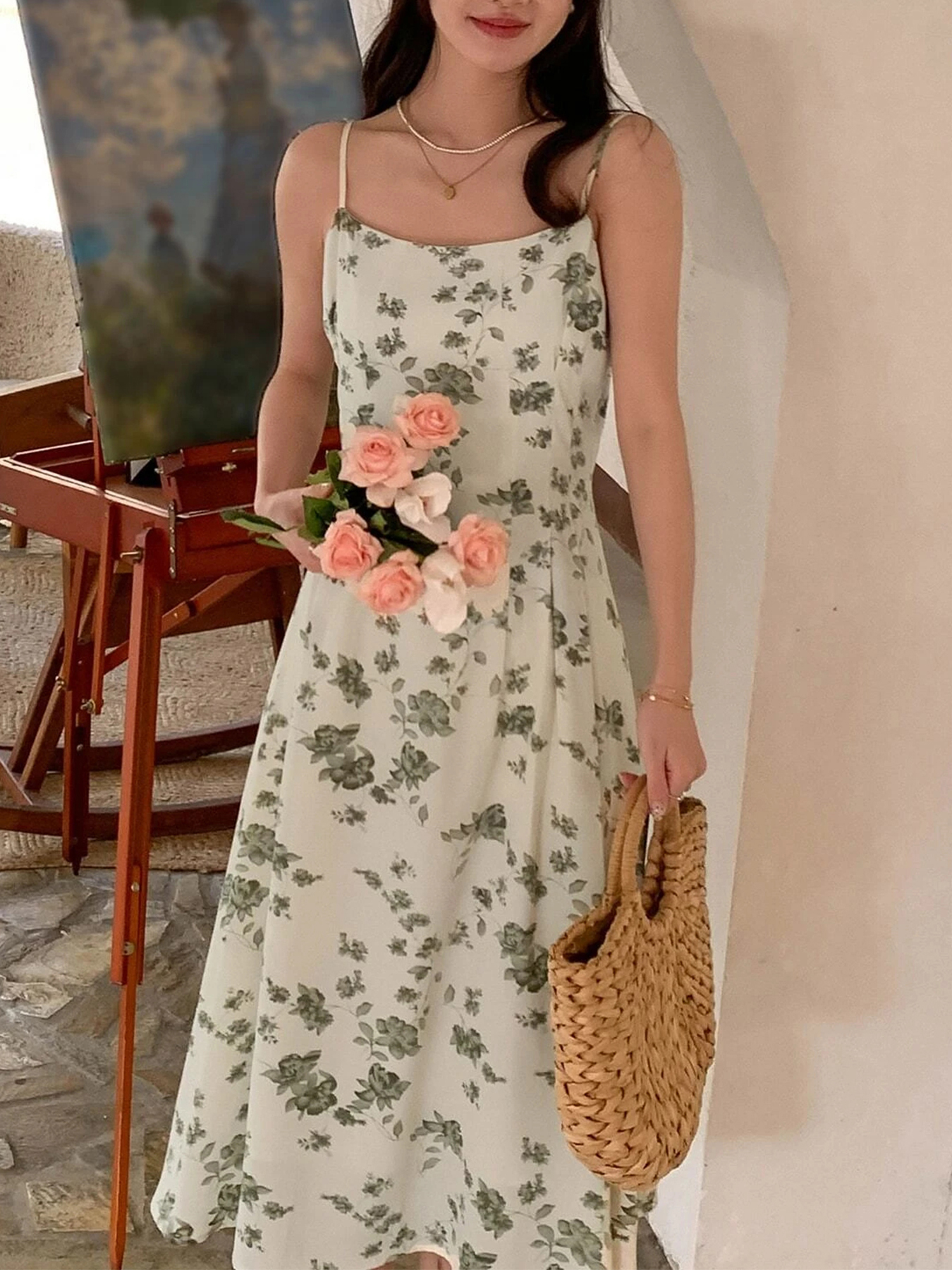 GXZ Floral Spaghetti Strap Midi Dress