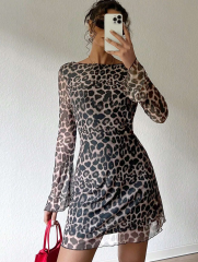 GXZ Women's Sheer Long Sleeve Leopard Print Mini Dress