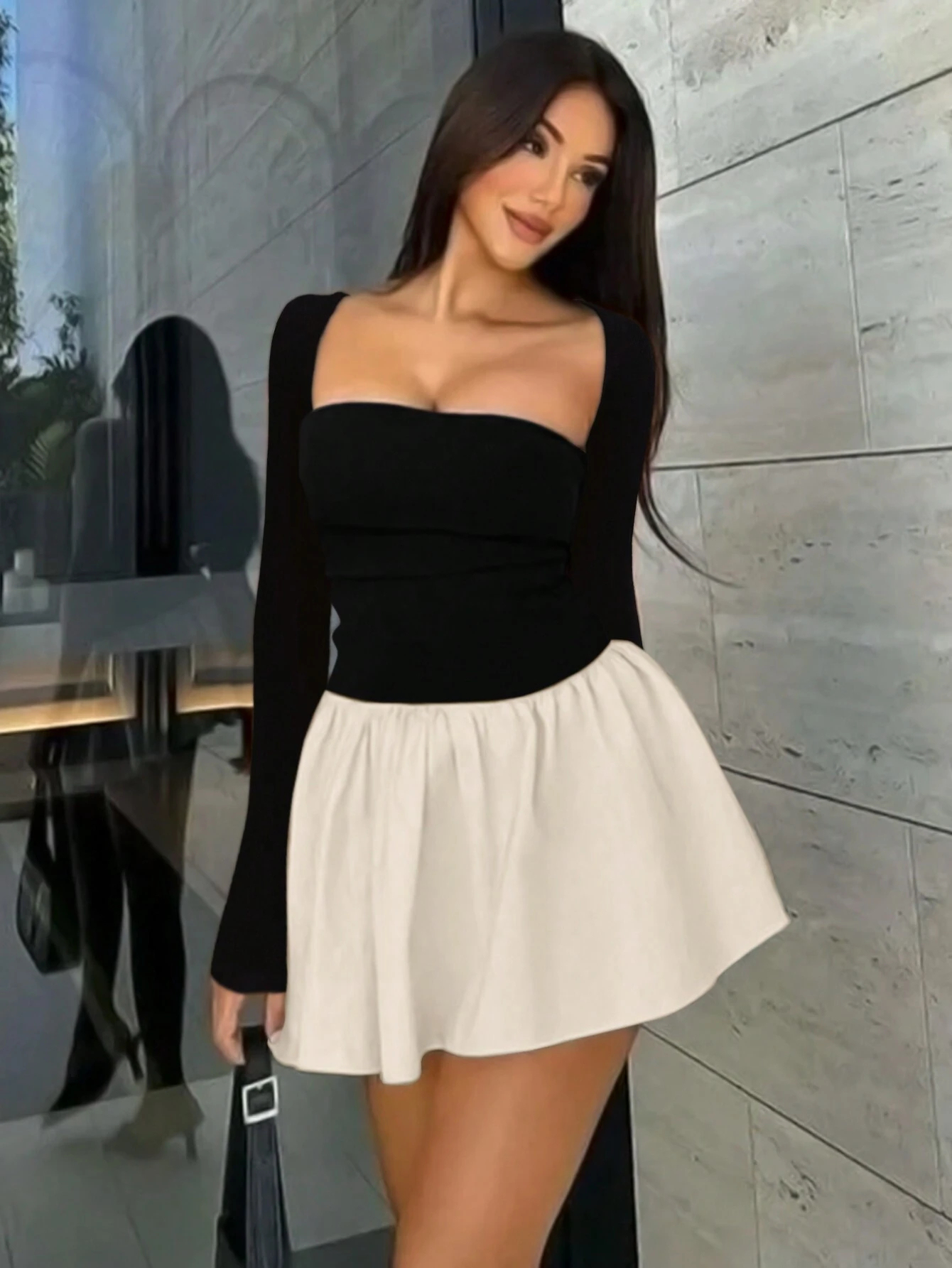 GXZ Two-Tone Minimalist Strapless Dress with Sleeves