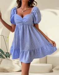 GXZ Women's Gingham Puff Sleeve Mini Dress