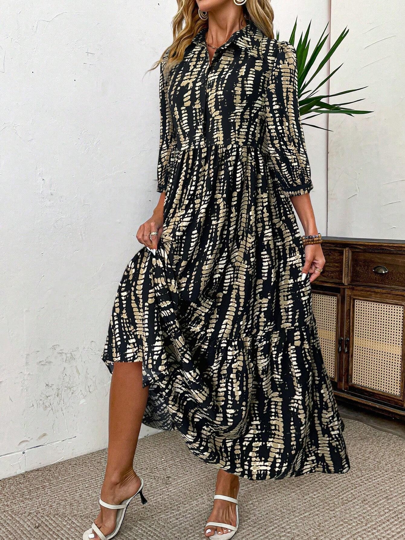 GXZ Patterned Maxi Dress with Collared Neck