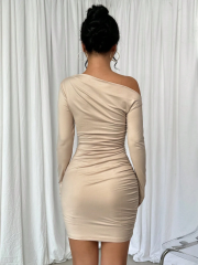GXZ One-Shoulder Beige Ruched Mini Dress