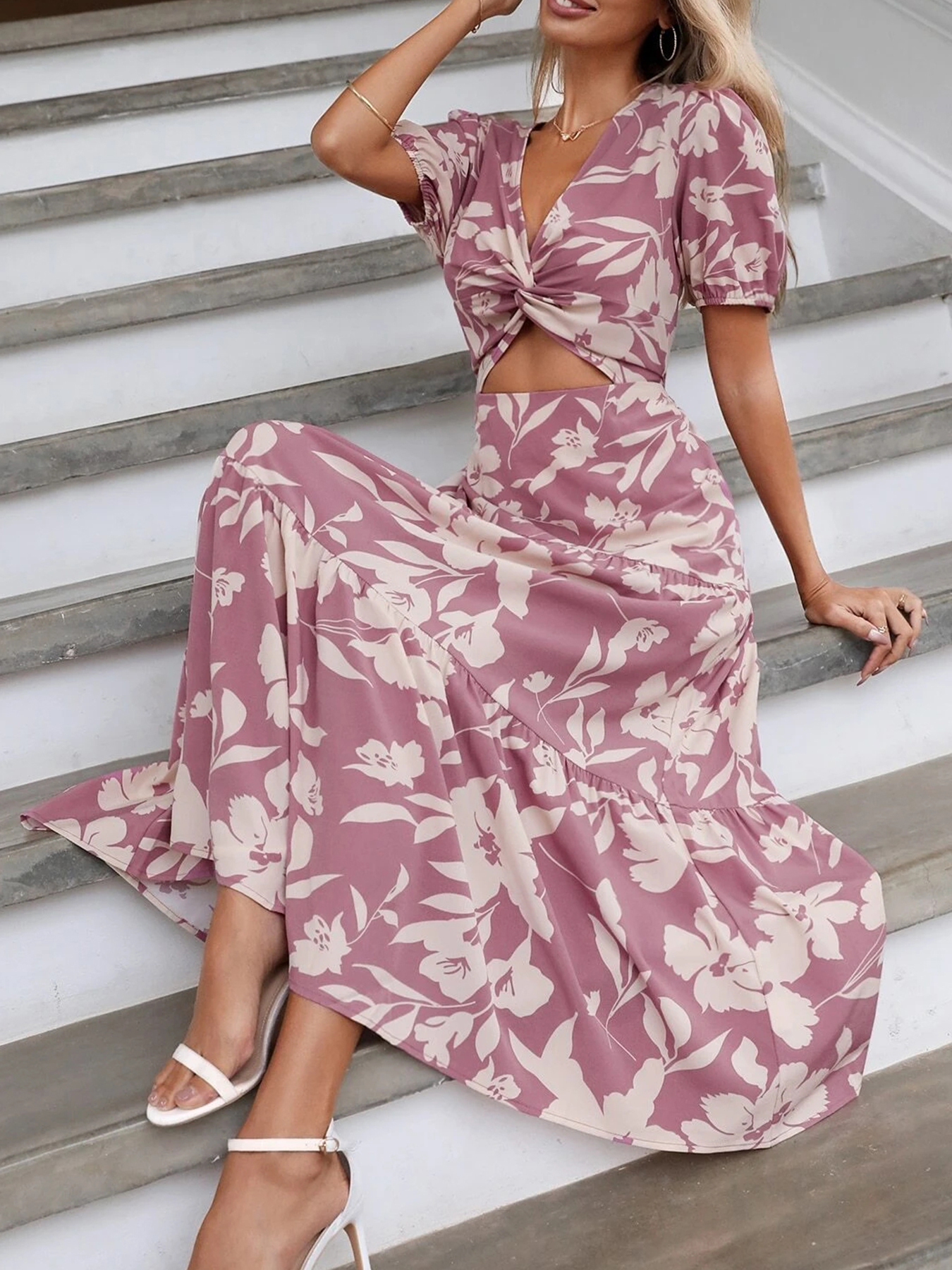 GXZ Women's Floral Cutout Maxi Dress with Puff Sleeves