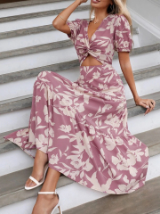 GXZ Women's Floral Cutout Maxi Dress with Puff Sleeves