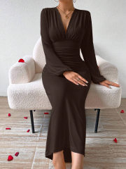 GXZ Women's Long Sleeve V-Neck Ruched Maxi Dress