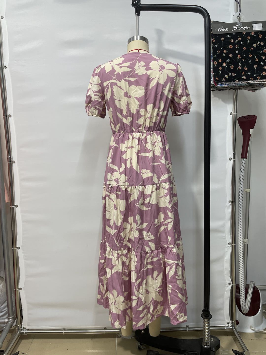 GXZ Women's Floral Cutout Maxi Dress with Puff Sleeves