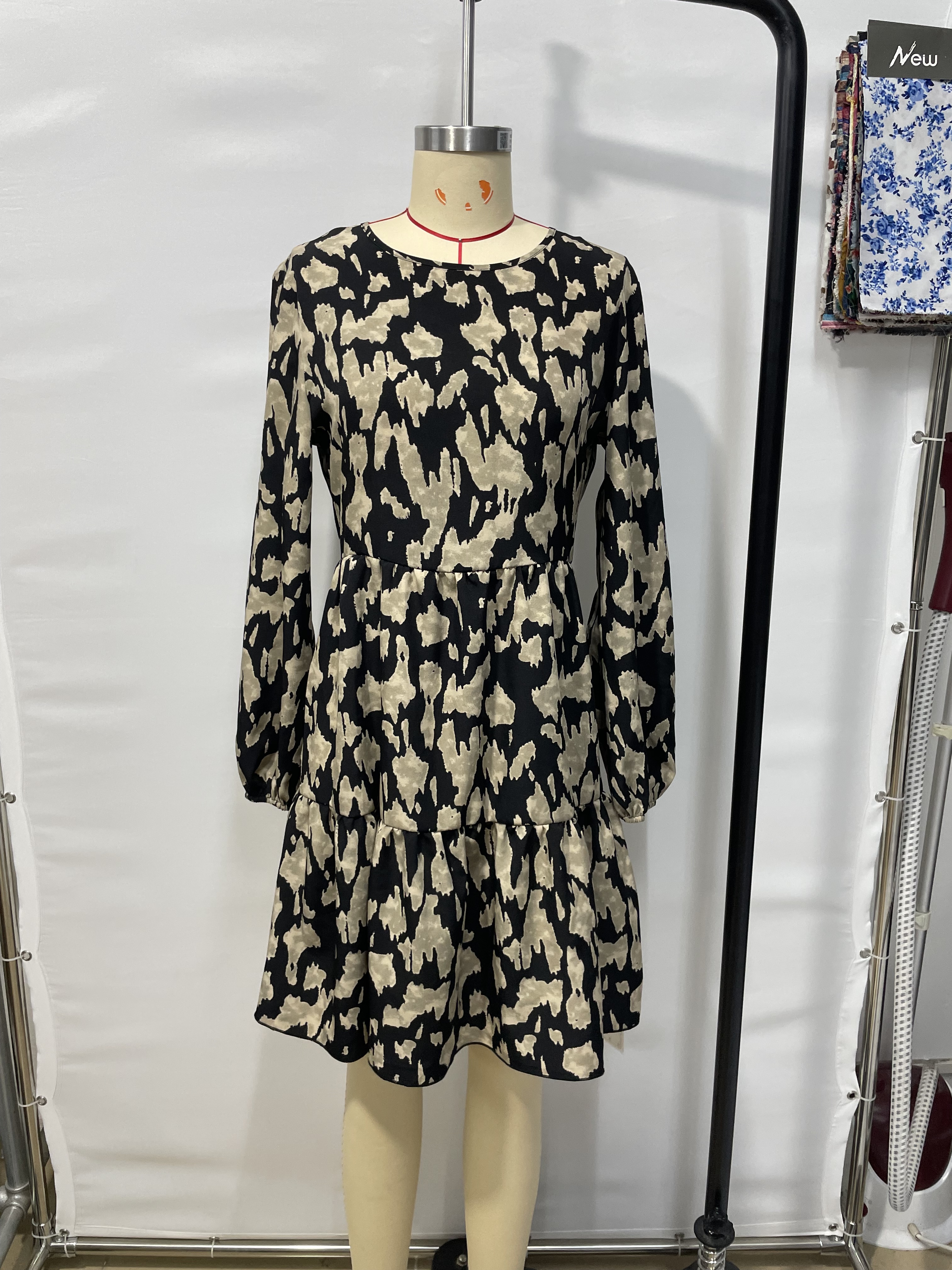 GXZ Women's Animal Print Long Sleeve Tiered Dress