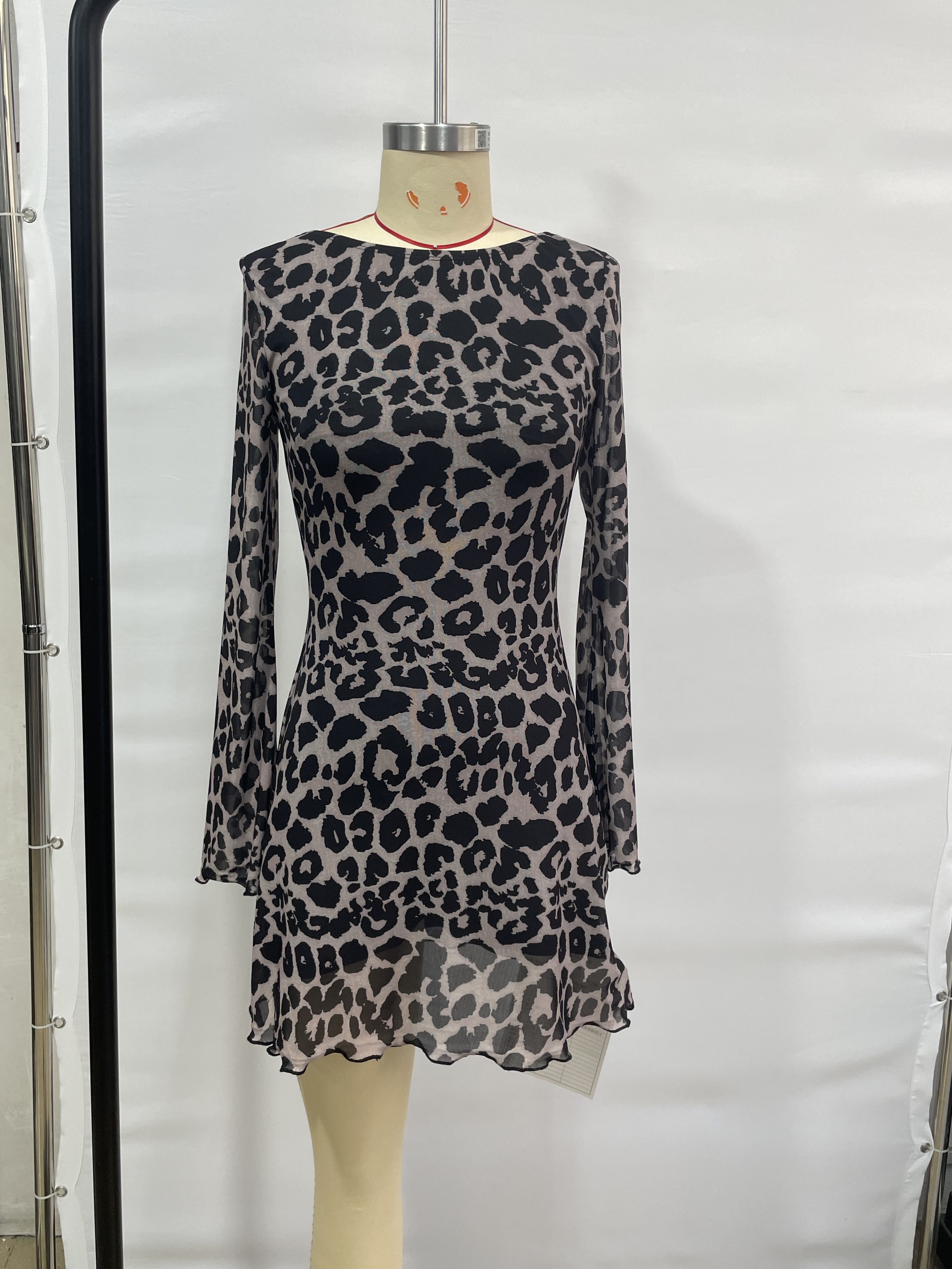 GXZ Women's Sheer Long Sleeve Leopard Print Mini Dress