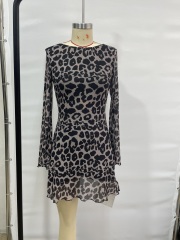 GXZ Women's Sheer Long Sleeve Leopard Print Mini Dress