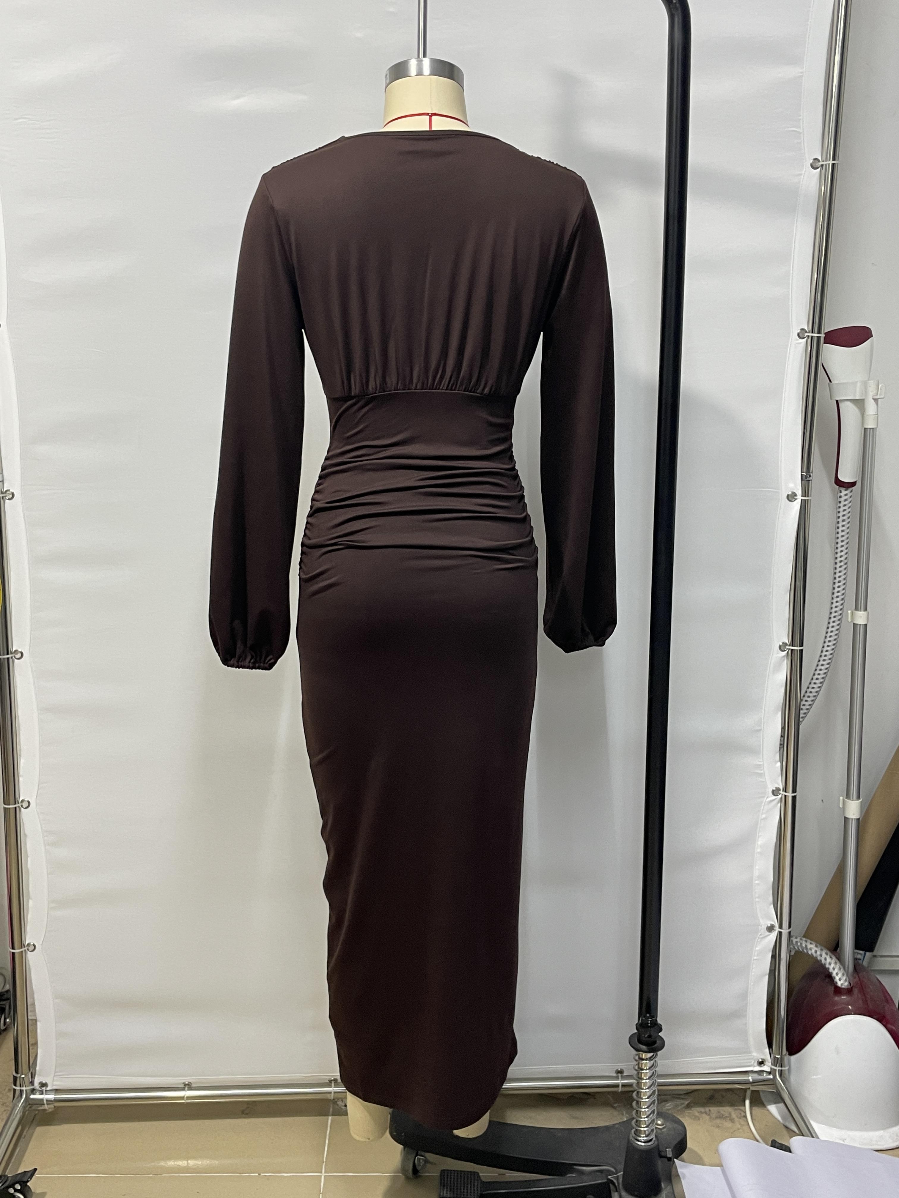 GXZ Women's Long Sleeve V-Neck Ruched Maxi Dress