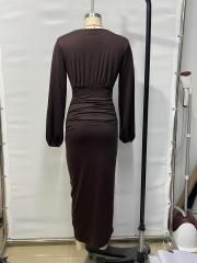 GXZ Women's Long Sleeve V-Neck Ruched Maxi Dress