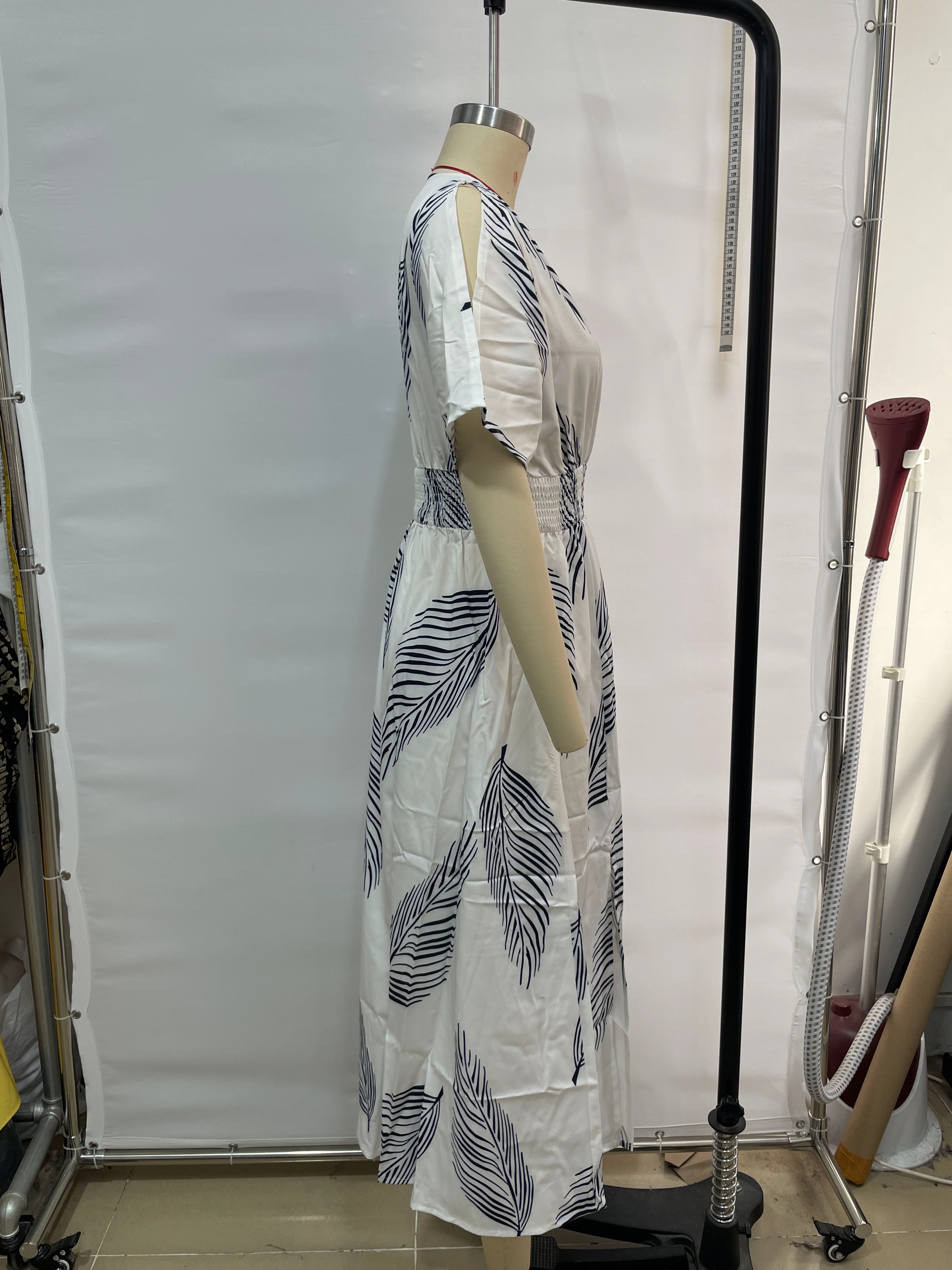 GXZ Women's Cold Shoulder Maxi Dress with Leaf Print
