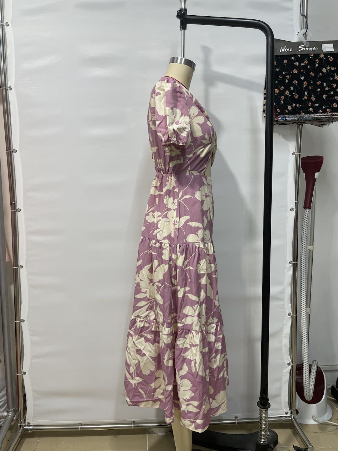 GXZ Women's Floral Cutout Maxi Dress with Puff Sleeves