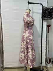 GXZ Women's Floral Cutout Maxi Dress with Puff Sleeves